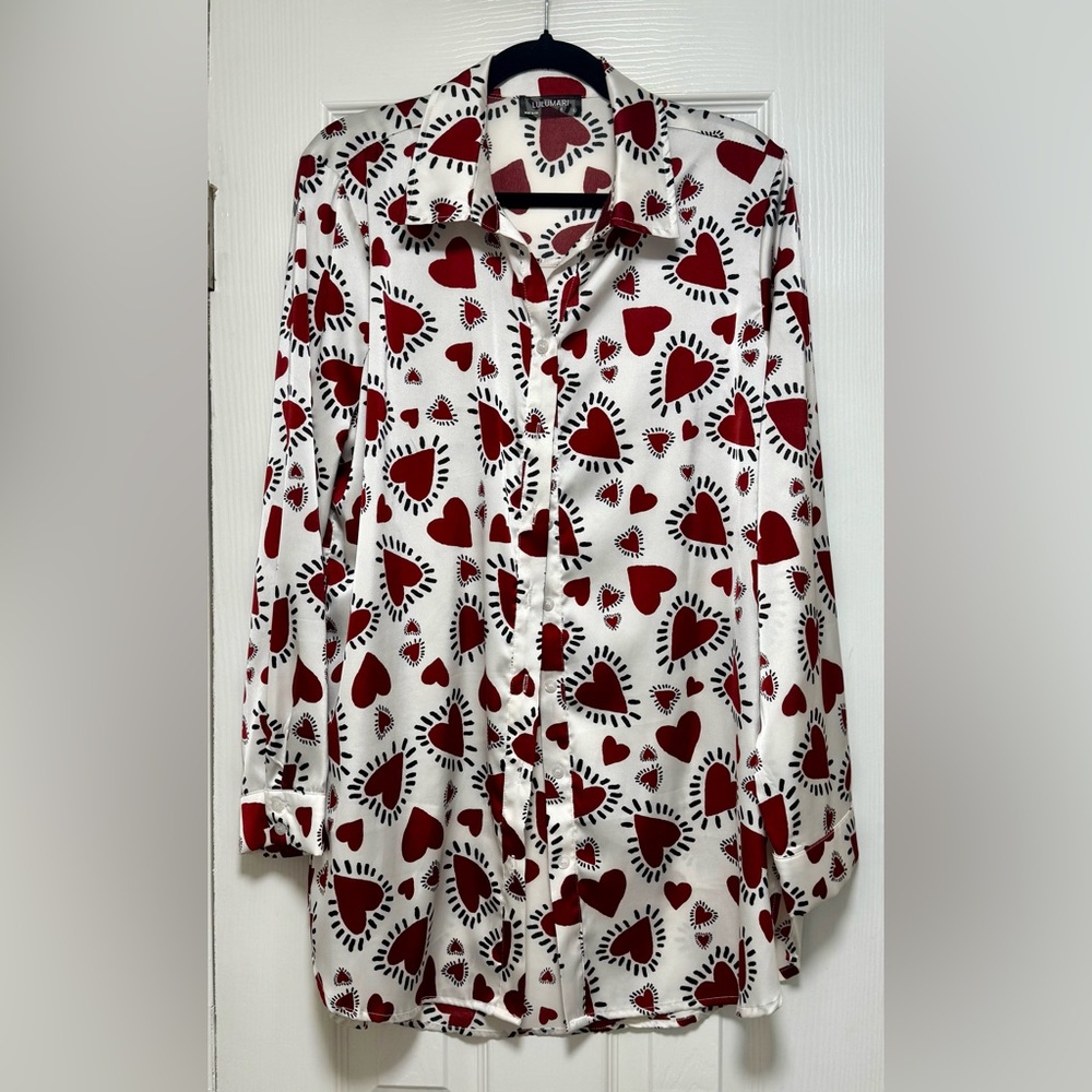 Lulumari White Red Hearts Button Down Shirt